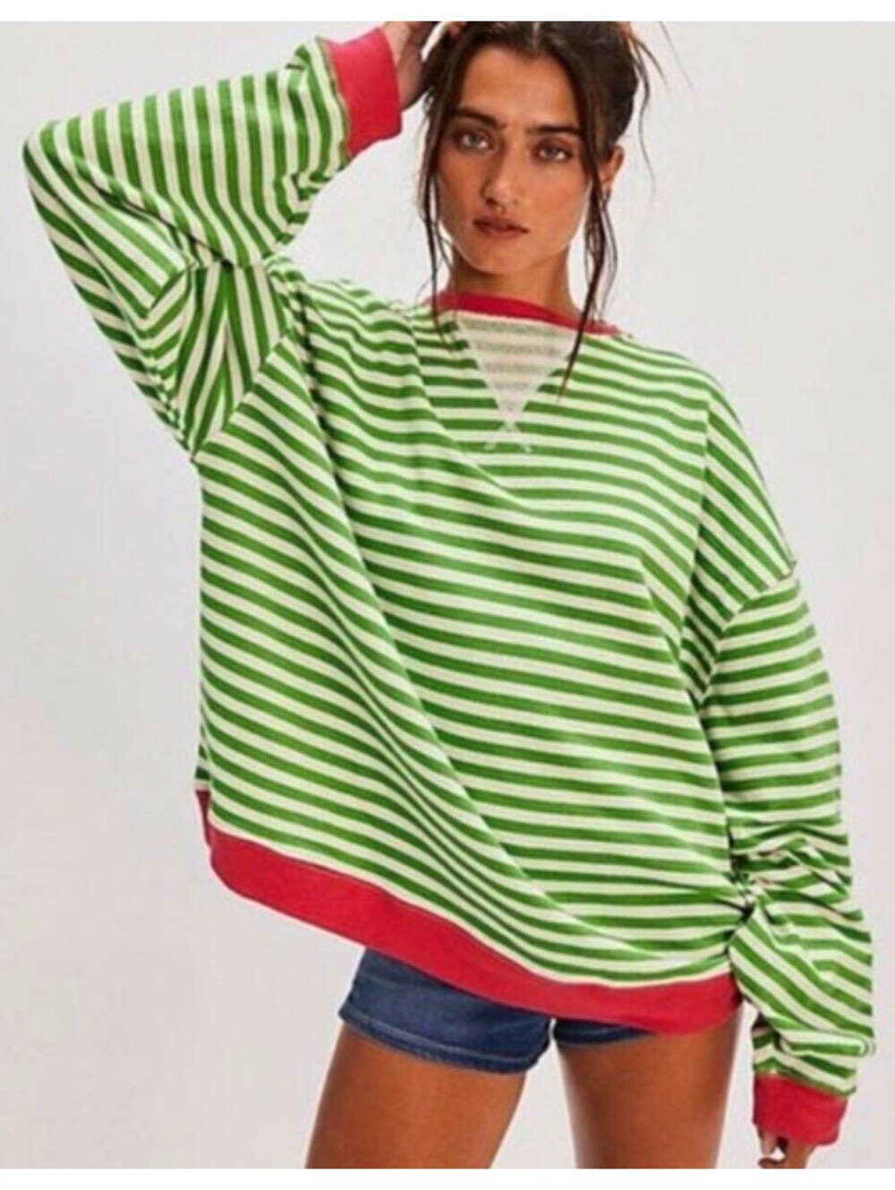 Free People Green and White Striped Oversized Sweatshirt with Red Trim